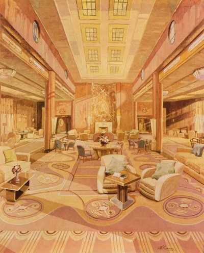 Interno della Lounge di Prima Classe sulla R.M.S. Queen Mary da Hugh McKenna